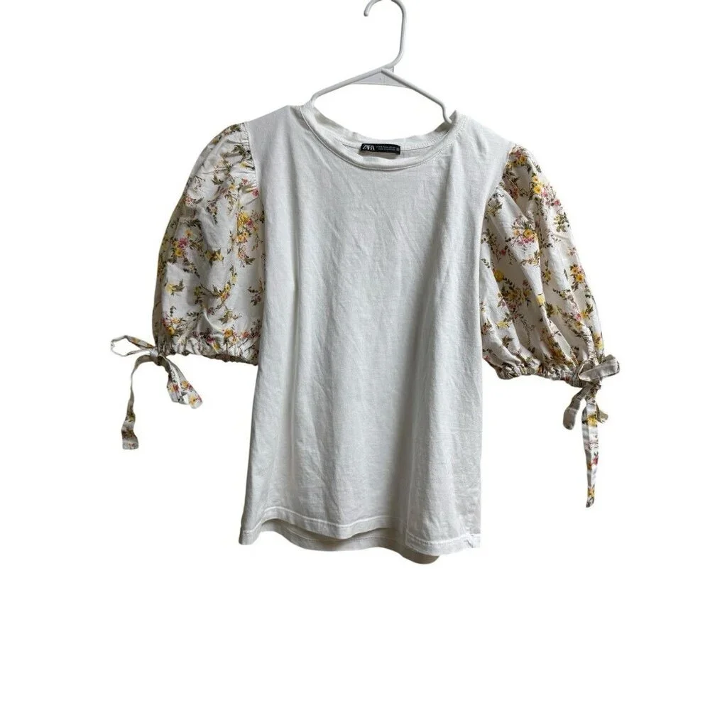 Zara Floral Puff Sleeve Top Medium White Cottagecore Tie Sleeve Blouse
